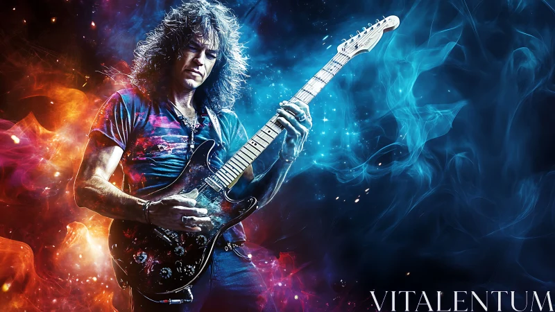 Electric guitarist solo with fiery blue and orange energy.