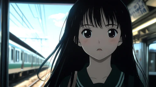 Anime schoolgirl standing on a moving commuter train platform.