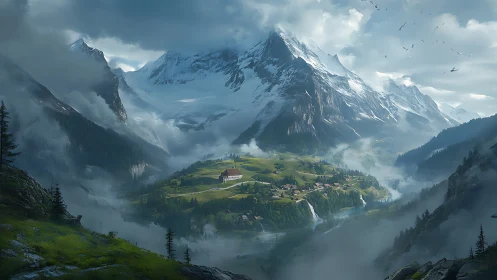 Misty alpine valley village beneath towering icy peaks.