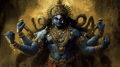 Majestic blue deity stands radiant in shimmering golden light