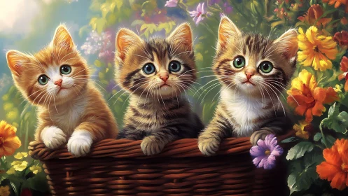 Three Adorable Kittens Nestled Together in a Flower Garden
