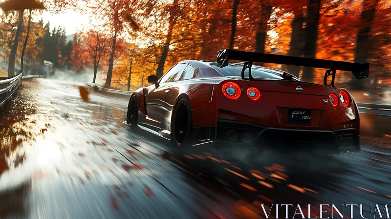 Red sports car follows wet autumn circuit under motion blur