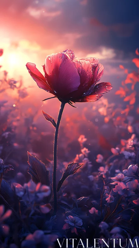 Rose glows against twilight sky in dewy dreamscape field.