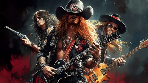 Rock band trio in leather and hats with electric guitars.