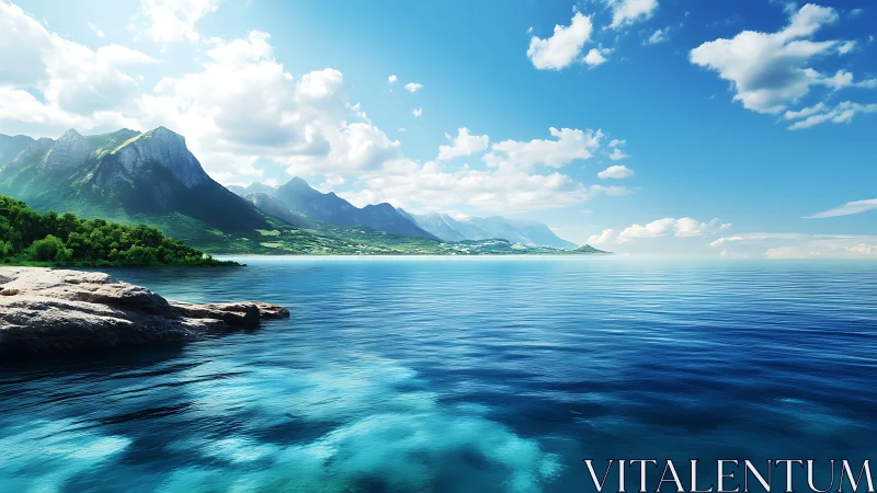 Coastal mountains beside calm blue sea under clear sky.