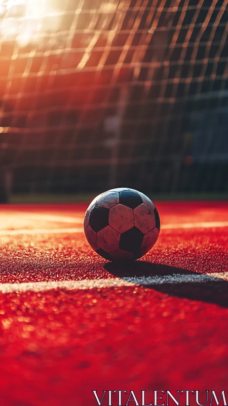 Soccer ball on red field in warm sunset light by goal net.