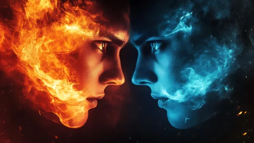 Elemental Duality: Fire and Ice Profiles Merge in Abstract Conflict.