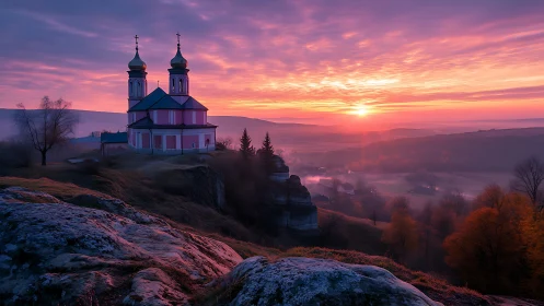 Sunrise calm over hilltop chapel and misty valley glow.