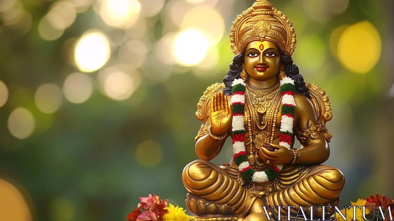 Golden Hindu deity statue with garland in soft bokeh light.