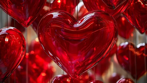 Luminous Red Glass Hearts with Bokeh Light Refraction.