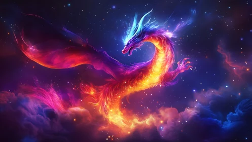 Fiery cosmic dragon glides through glowing nebula sky tonight