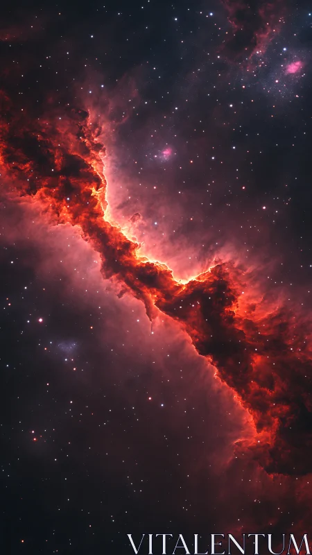 Red cosmic nebula ridge with glowing gas clouds in space.