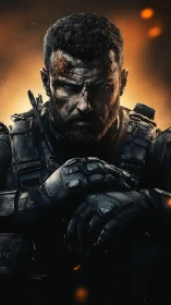 Heavily armored soldier portrait under orange backlight.