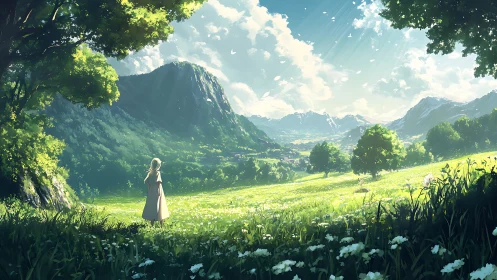 Girl stands in bright mountain meadow under scattered clouds