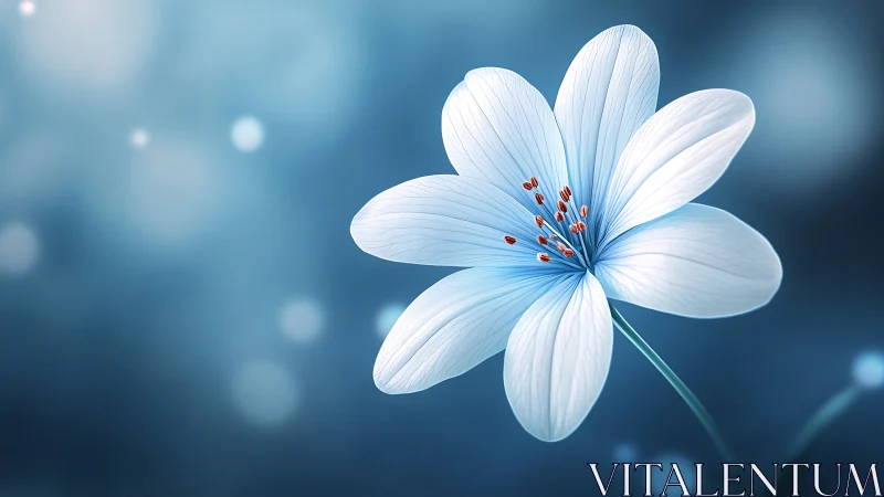White flower petals radiate from red stamens against blue bokeh background