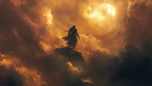 Lone warrior stands beneath a blazing celestial moonlit sky.