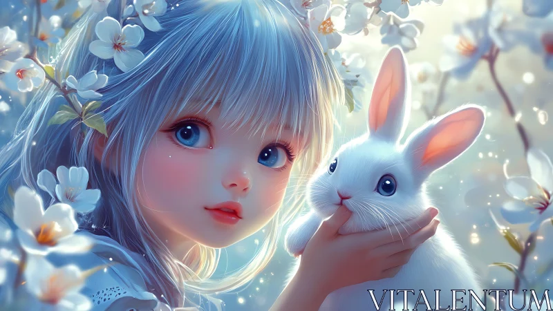 Springlit girl and rabbit amid luminous blossom haze.