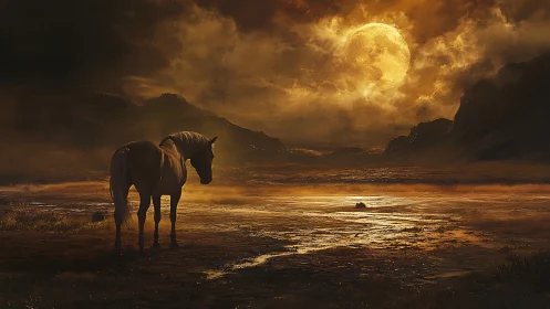 Solitary horse observes molten lunar horizon in chiaroscuro light