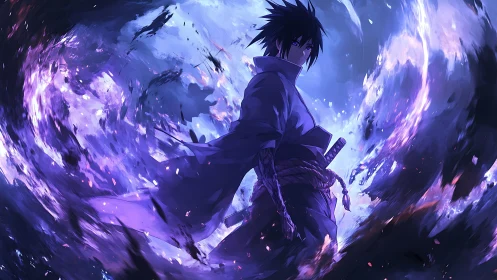 Storm-wreathed anime swordsman channels swirling purple power