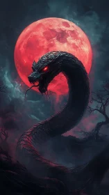 Serpentine elder dragon eclipsing crimson supermoon horizon