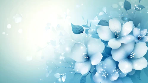 Ethereal Blue Floral Composition with Luminescent Bokeh and Gradient Atmospheric Effects.