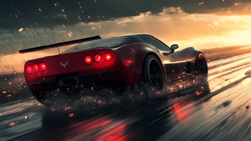 Red sports car powers through wet road at sunset rain.