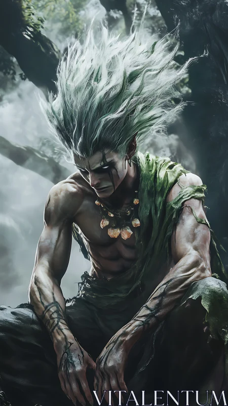 Muscular figure with wild hair sits in misted forest setting