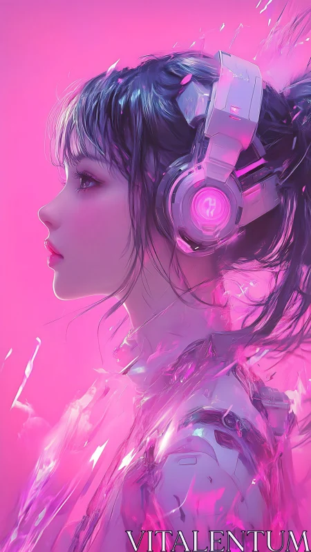 Neon pink cybernetic girl in profile with luminous headset