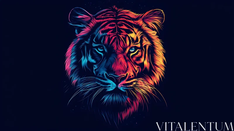 Neon colored tiger head rendered on dark background
