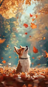 Corgi watches drifting autumn leaves in glowing forest