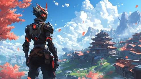 Cyber samurai overlooking sunlit mountain temple city.