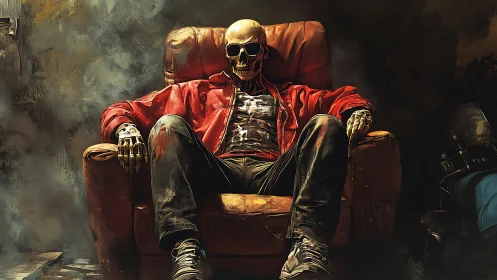 Skeleton in red jacket sits in worn armchair in dim room