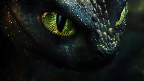 Bioluminescent dragon close-up with iridescent scales and eyes.