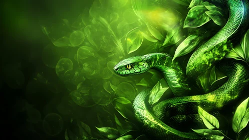 Emerald serpent rendered with high-contrast foliage and luminous bokeh