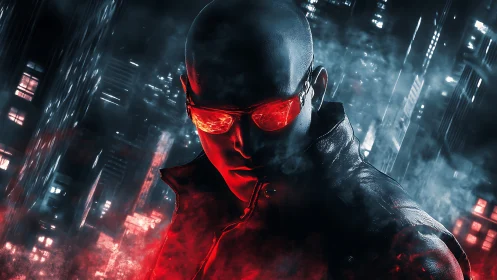Bald man with red glasses in smoky neon city at night.