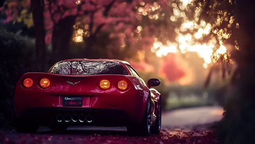 Red sports coupe under golden bokeh sunset on forest road.