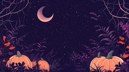 Crescent moon hangs above pumpkins in a starry forest clearing
