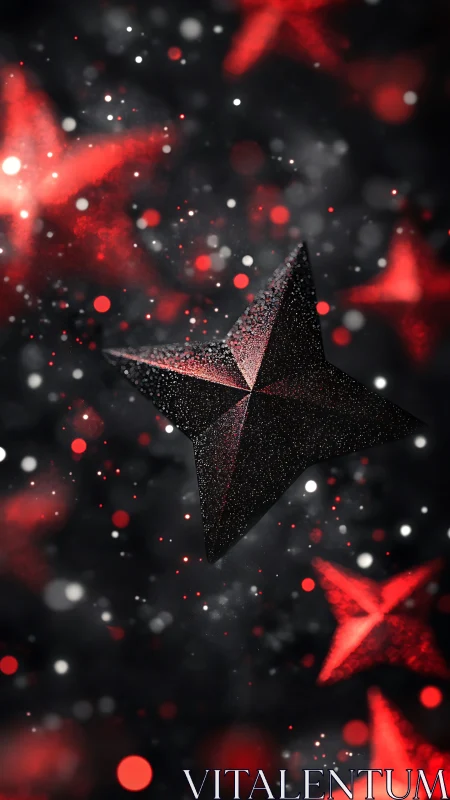 Black 3D star shape floats amid red glowing bokeh field
