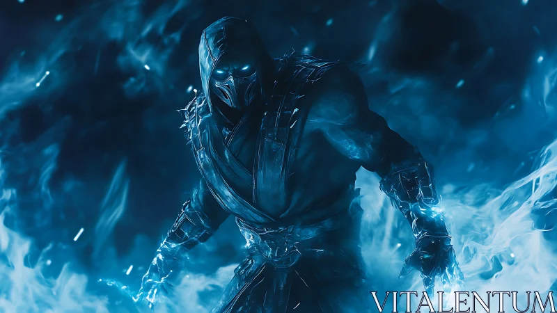 Hooded armored figure in blue energy smoke environment.