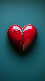 Cracked Red Heart Form Against Teal Background