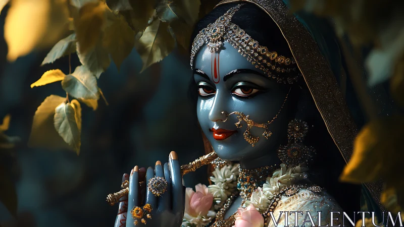 Divine blue-skinned deity portrait with jeweled flute and garlands.