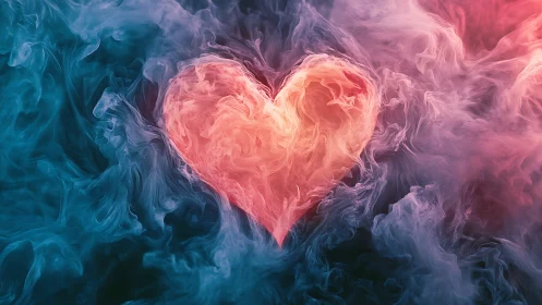 Glowing smoke heart emerges from swirling pink and teal mist.