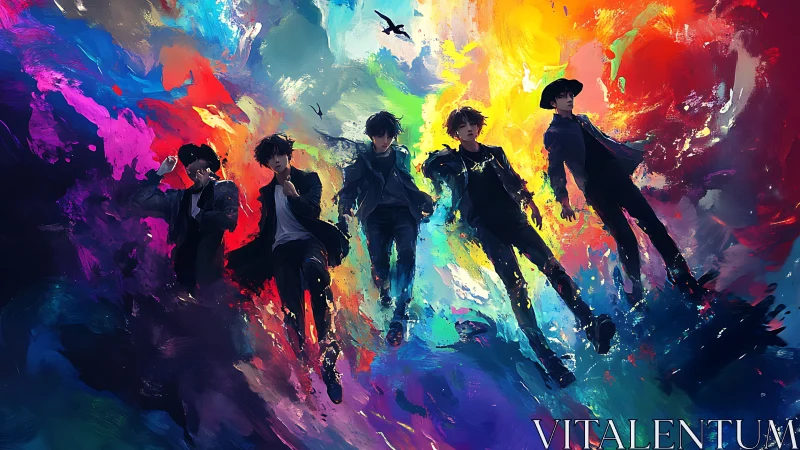 Five drifting silhouettes remix a storm of liquid color