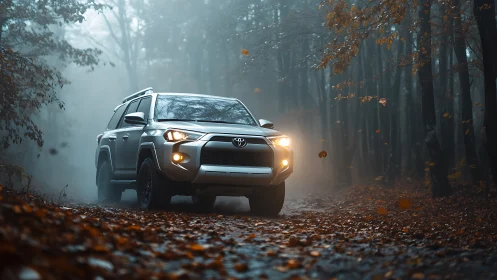 Silver SUV cuts through misty autumn forest trail.