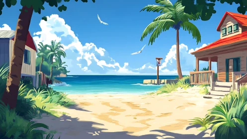 Tropical Beach Cottage Community Rendered in Animated Style.