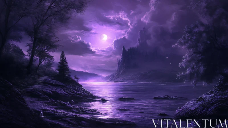 Moonlit purple river with distant gothic castle at night.