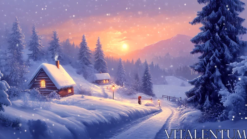 Winter cabins glow beneath a serene pastel sunset sky.