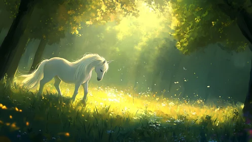 Luminous unicorn wandering through a sunlit forest glade.