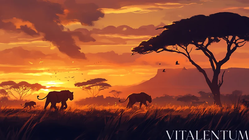 African Safari Sunset with Elephants and Acacia Trees
