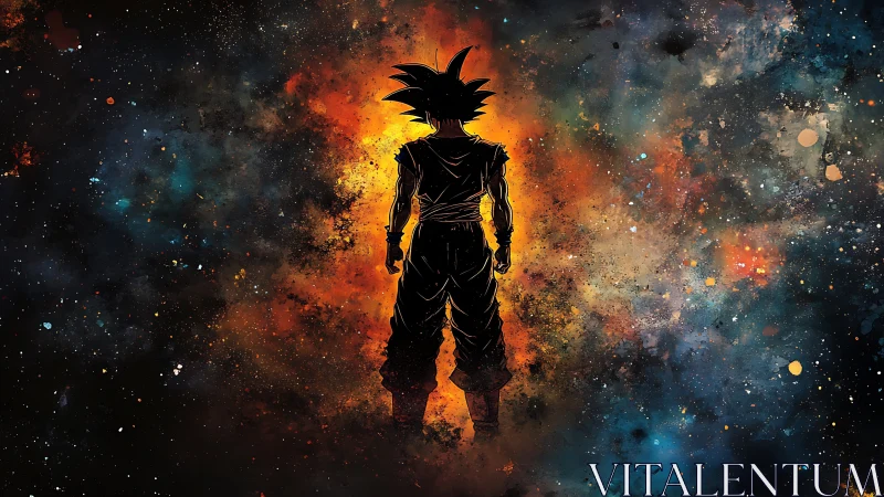 Cosmic warrior silhouette soaking in a storm of starlight.